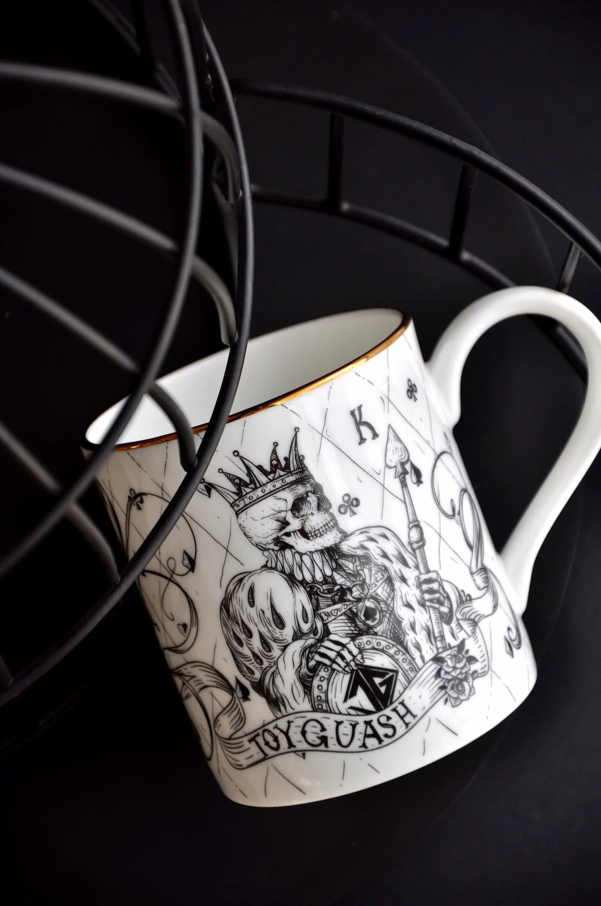 Hand-decorated white fine bone china mug made in Stoke-on-Trent England