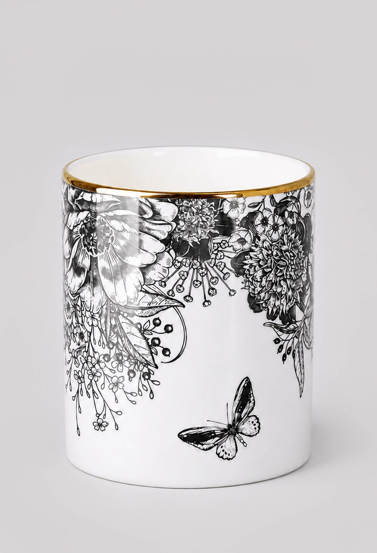 Back view of monochrome botanical vase displaying detailed ink drawn flowers