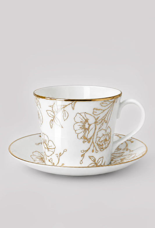 Blossom fine bone china cup and saucer with 22ct gold floral detail on a light grey background