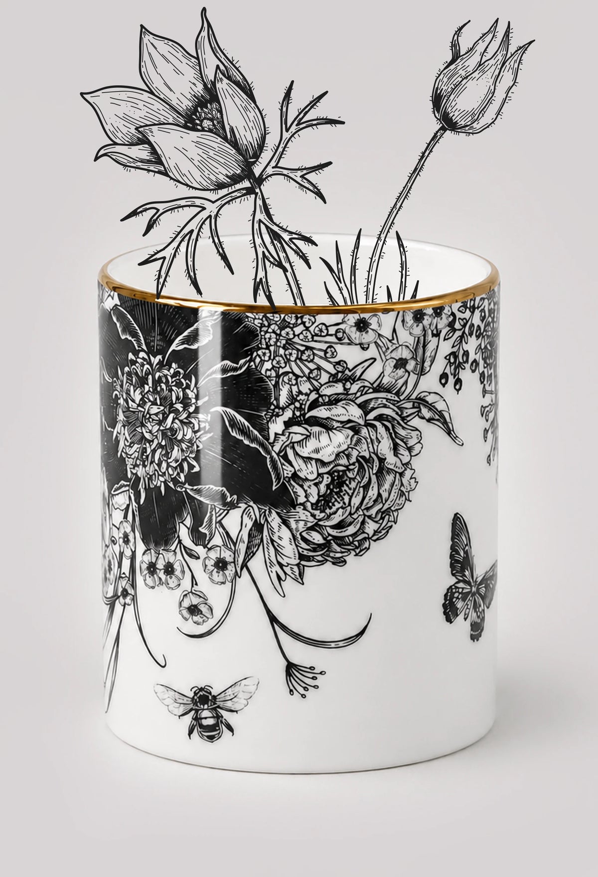 Botanicals fine bone china cylinder vase featuring monochrome floral artwork, bee and butterfly