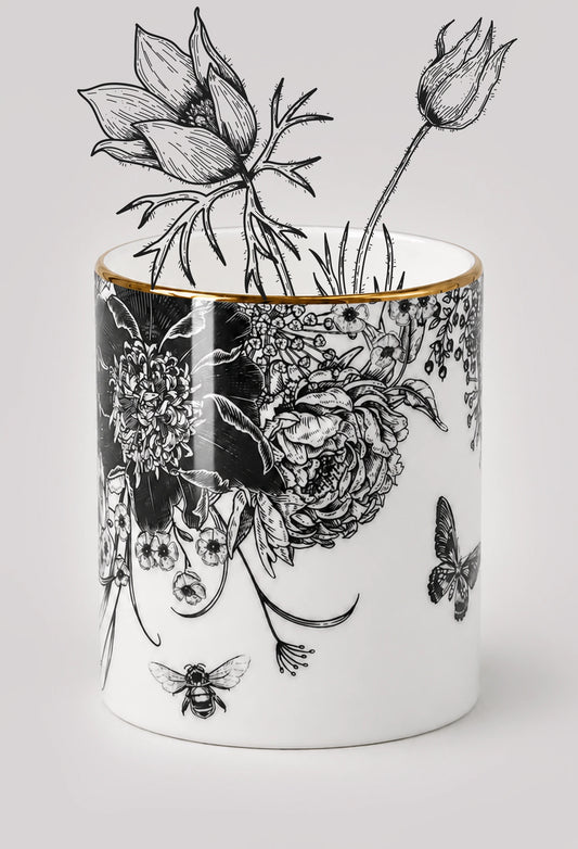 Botanicals fine bone china cylinder vase featuring monochrome floral artwork, bee and butterfly