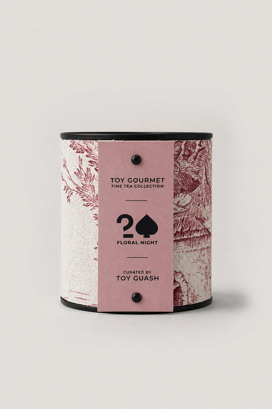 Chamomile lavender rose loose leaf herbal tea in a fabric-wrapped tea tin by Toy Gourmet