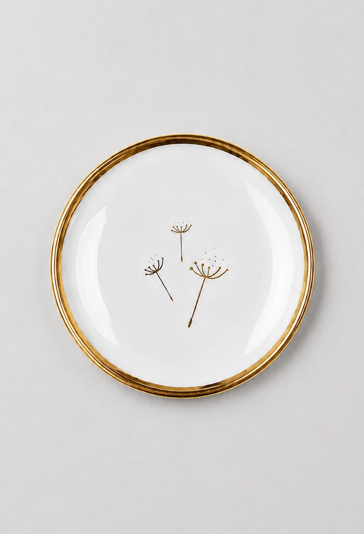 Dandelion fine bone china trinket dish with 22ct gold rim on a light grey background