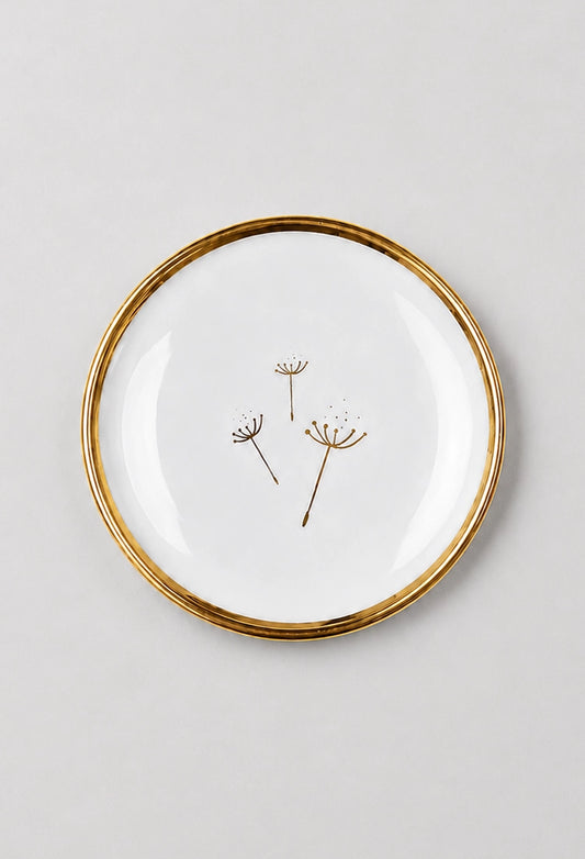 Dandelion fine bone china trinket dish with 22ct gold rim on a light grey background