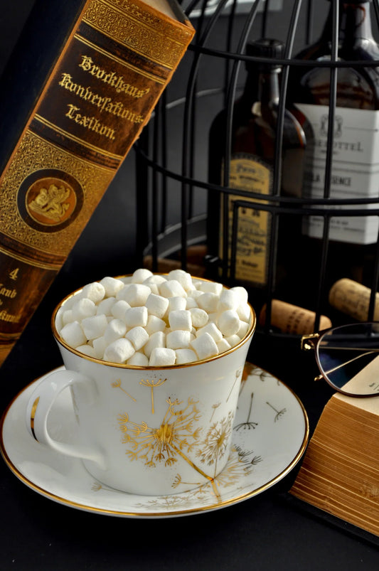 Dandelion 400ml fine bone china cup and saucer filled with hot chocolate and marshmallows