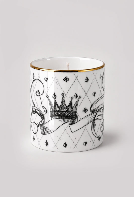 Reverse side of King Of Spades fine bone china candle showing crown illustration and gold edge