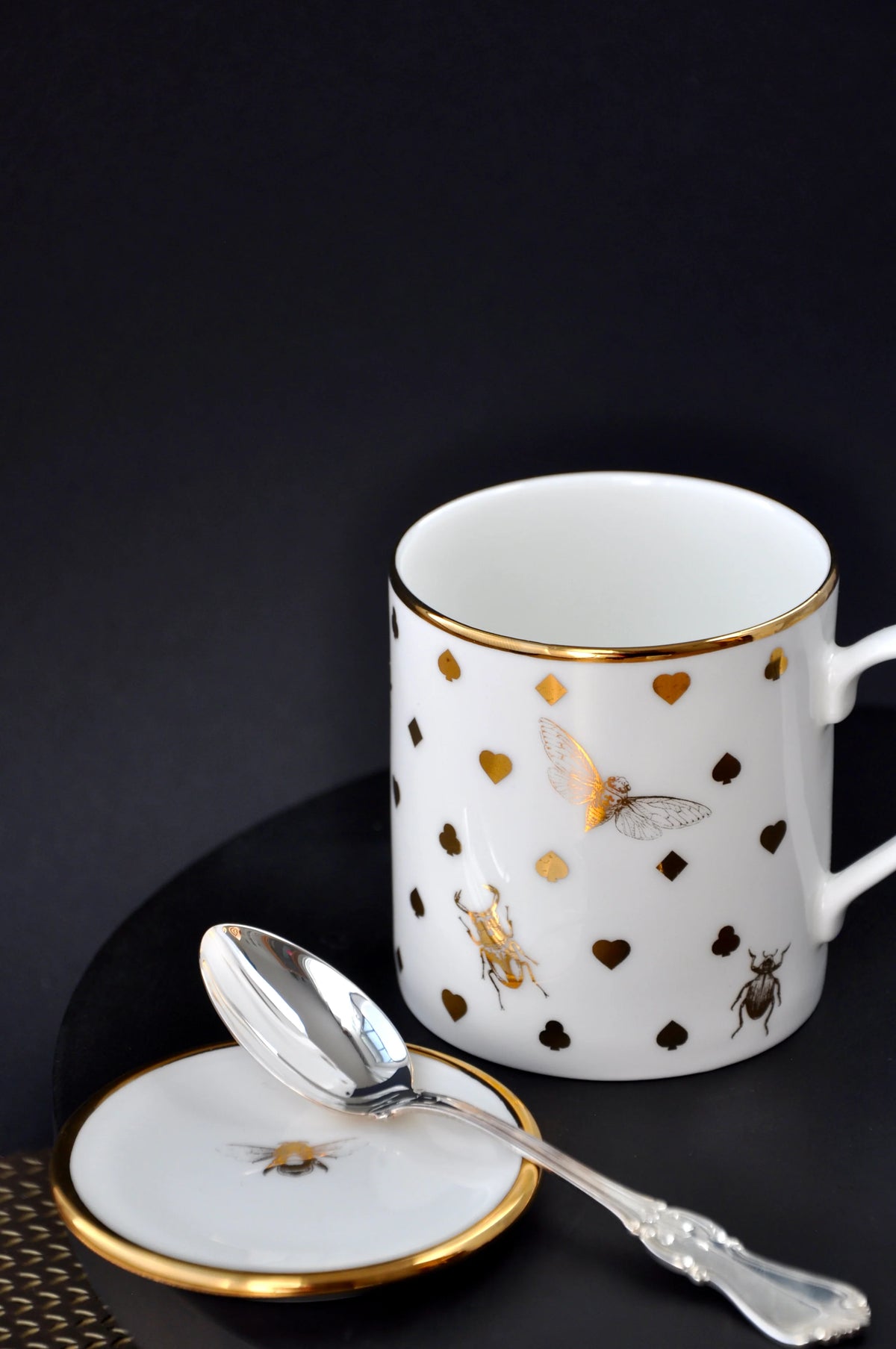 Fine Bone China Mug Paired with Matching Teaspoon Rest with 22ct Gold Detailing