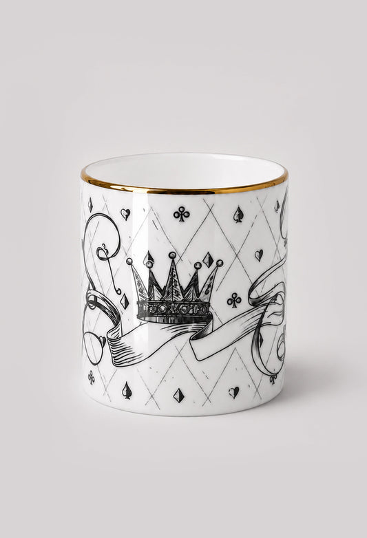 Reverse side of fine bone china pot showing kings crown motif and 22ct gold rim