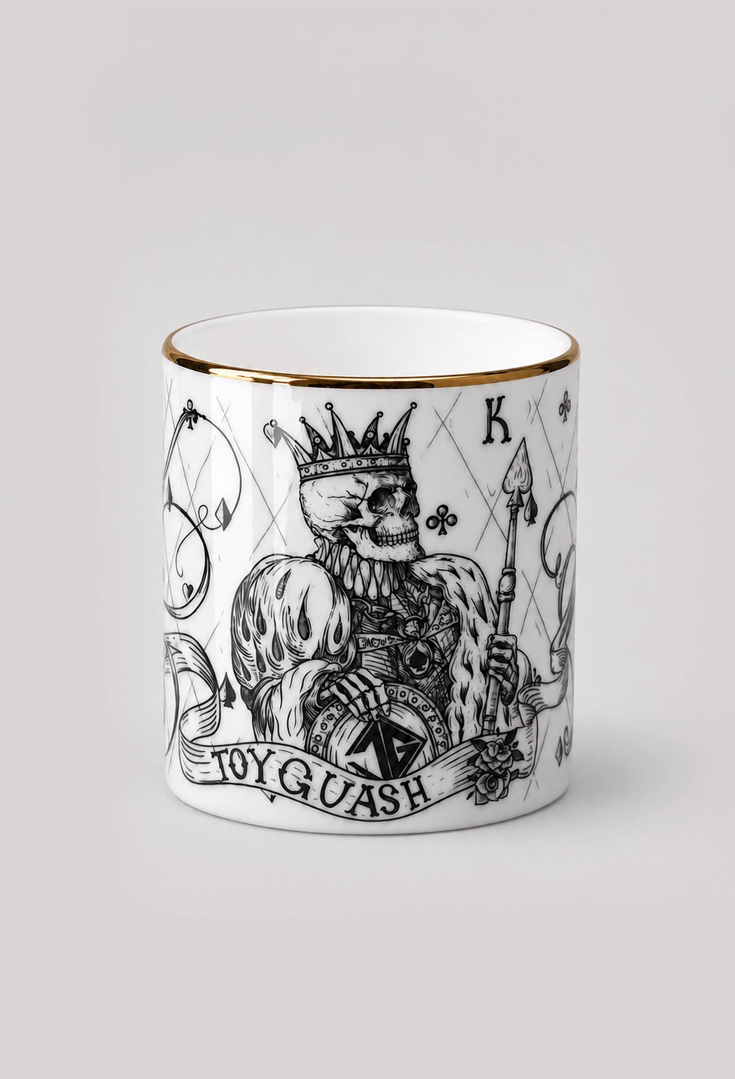 King of Spades fine bone china pot with 22ct gold rim on gray background