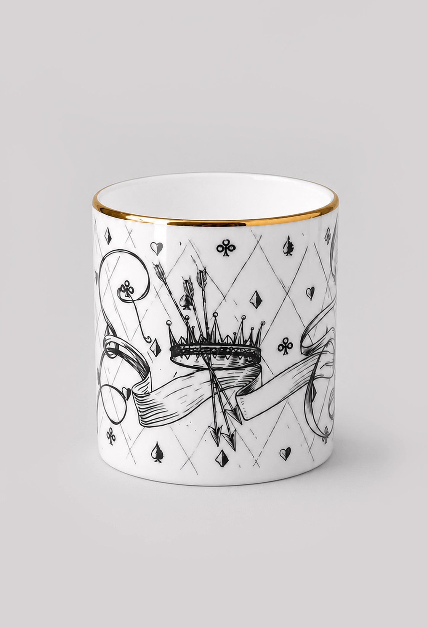 Reverse side of fine bone china pot showing queen crown illustration detail
