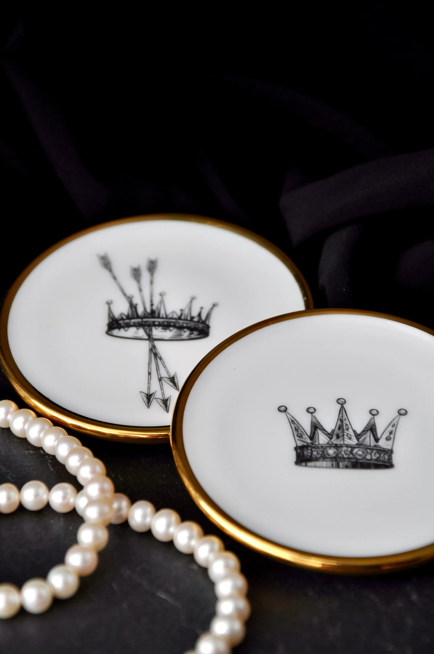 Pair of small fine bone china trinket dishes with 22ct gold rims displayed together
