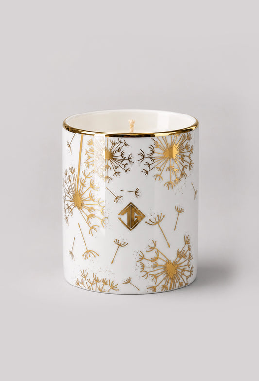 Frankincense & Myrrh scented candle in a Dandelion fine bone china vessel on a light grey background