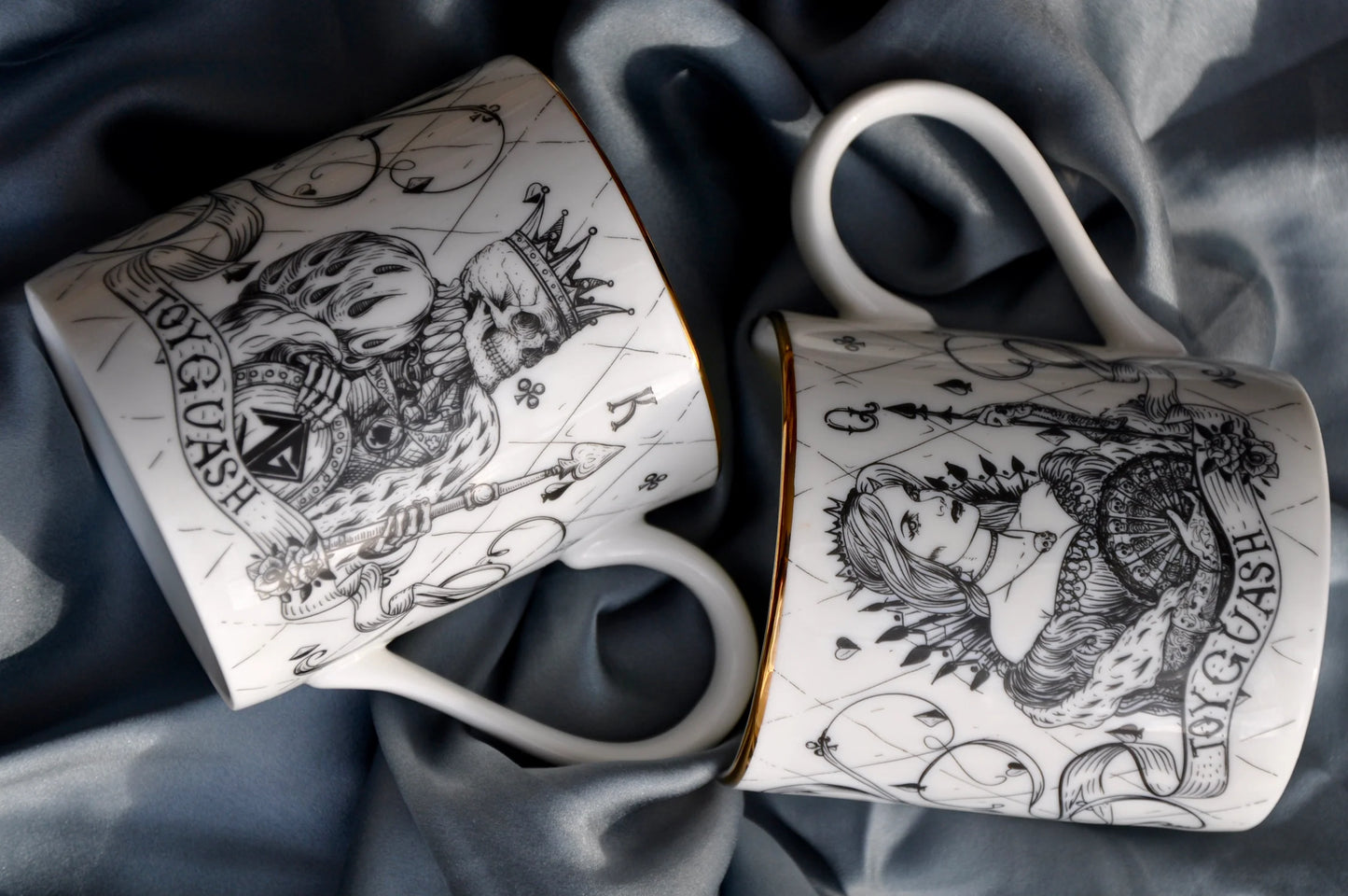 Bone china mugs with King and Queen of Spades design