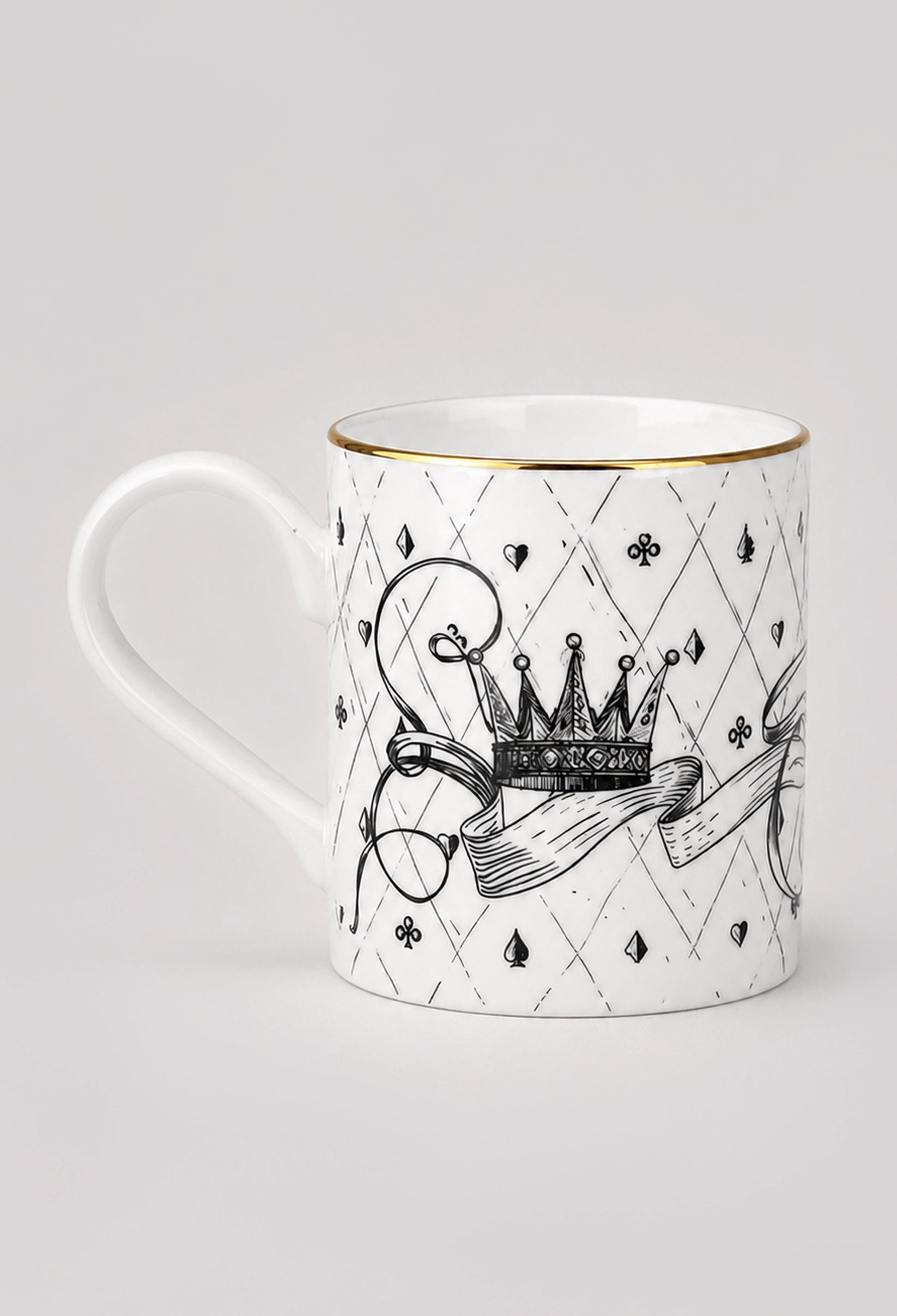 Reverse side of white fine bone china mug showing black crown illustration and gilded gold rim