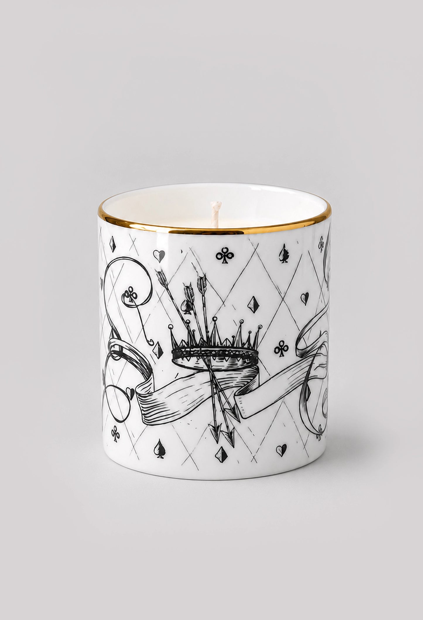 Reverse side of fine bone china candle showing crown illustration and gold edge