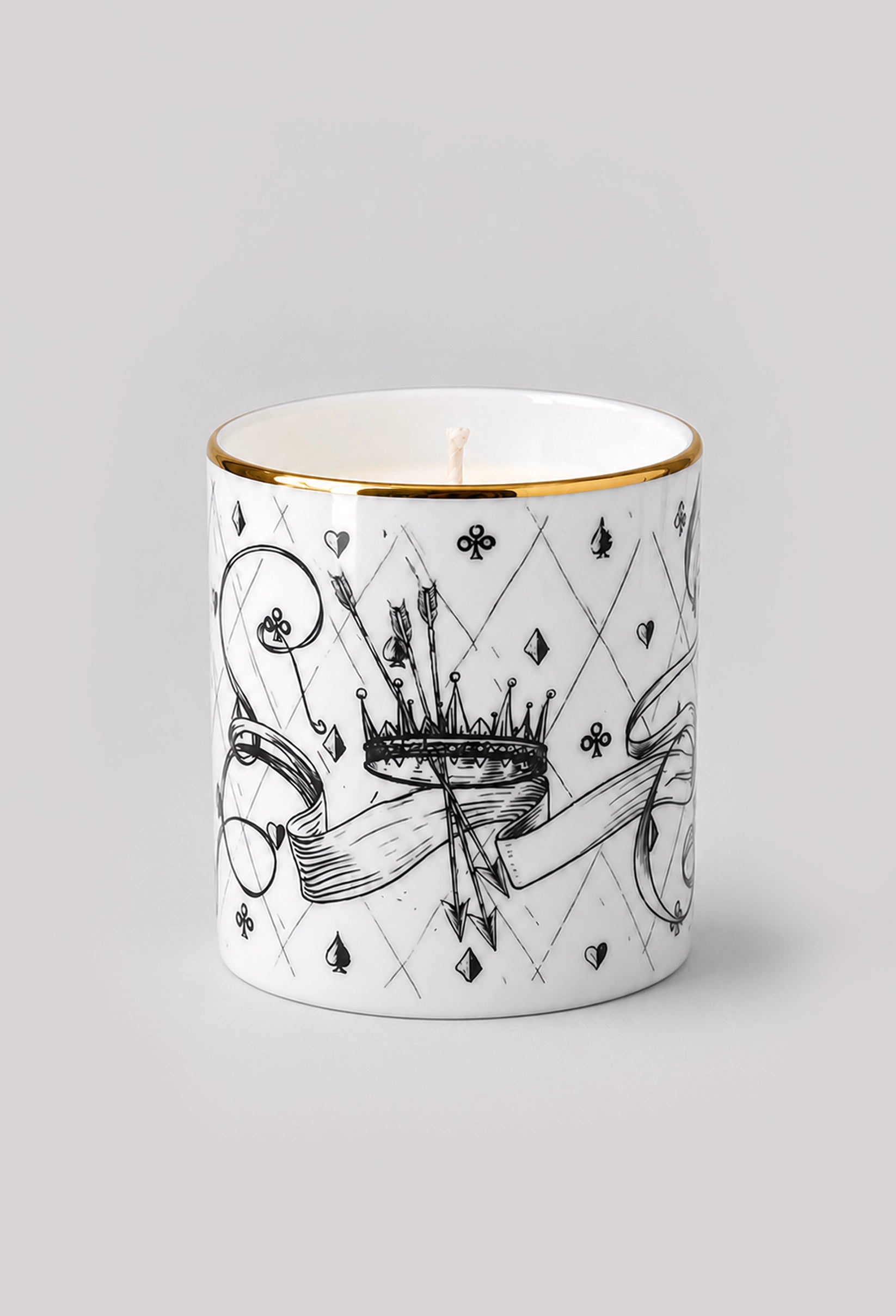 Reverse side of fine bone china candle showing crown illustration and gold edge