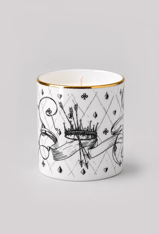 Reverse side of fine bone china candle showing crown illustration and gold edge