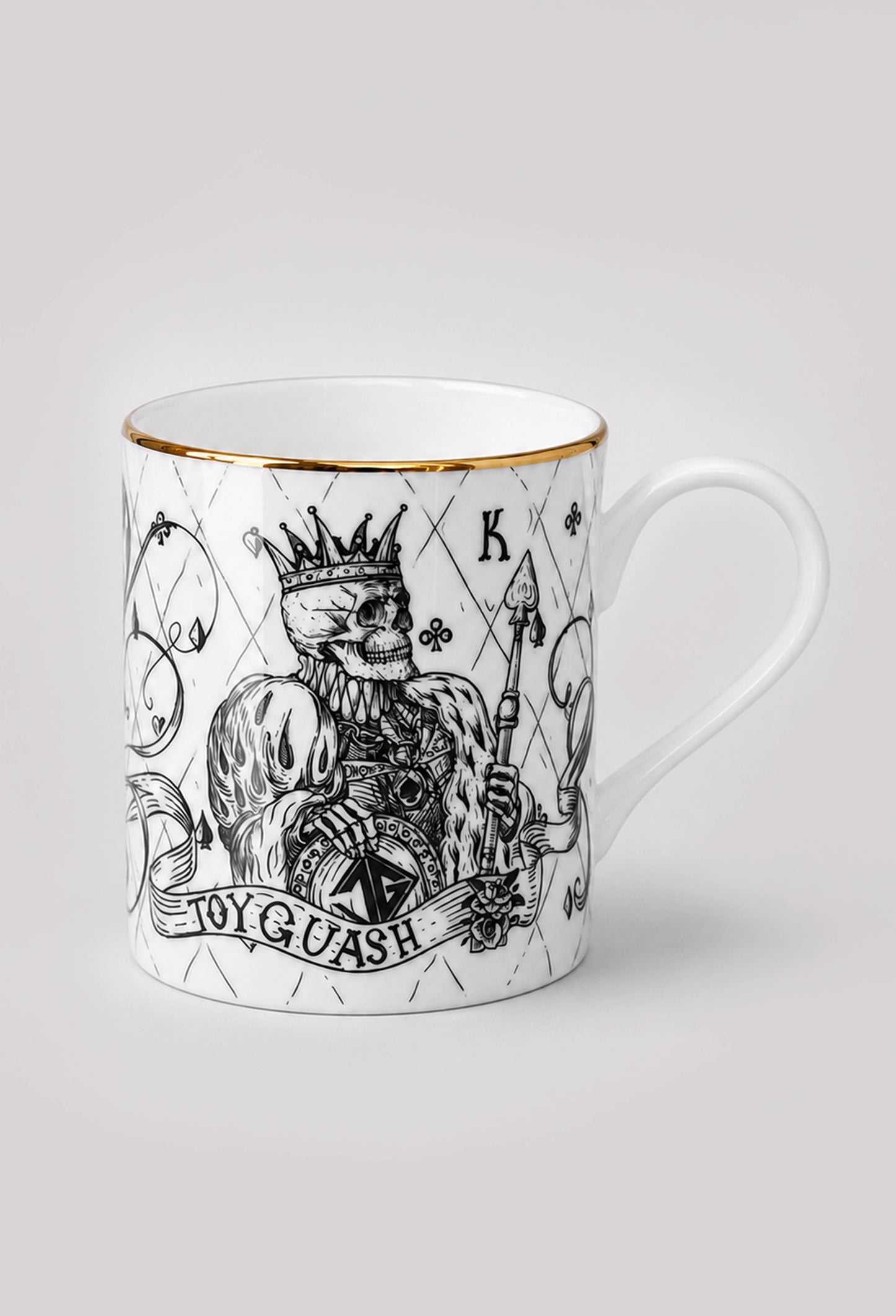 Illustrated fine bone china mug with King of Spades design on light grey background