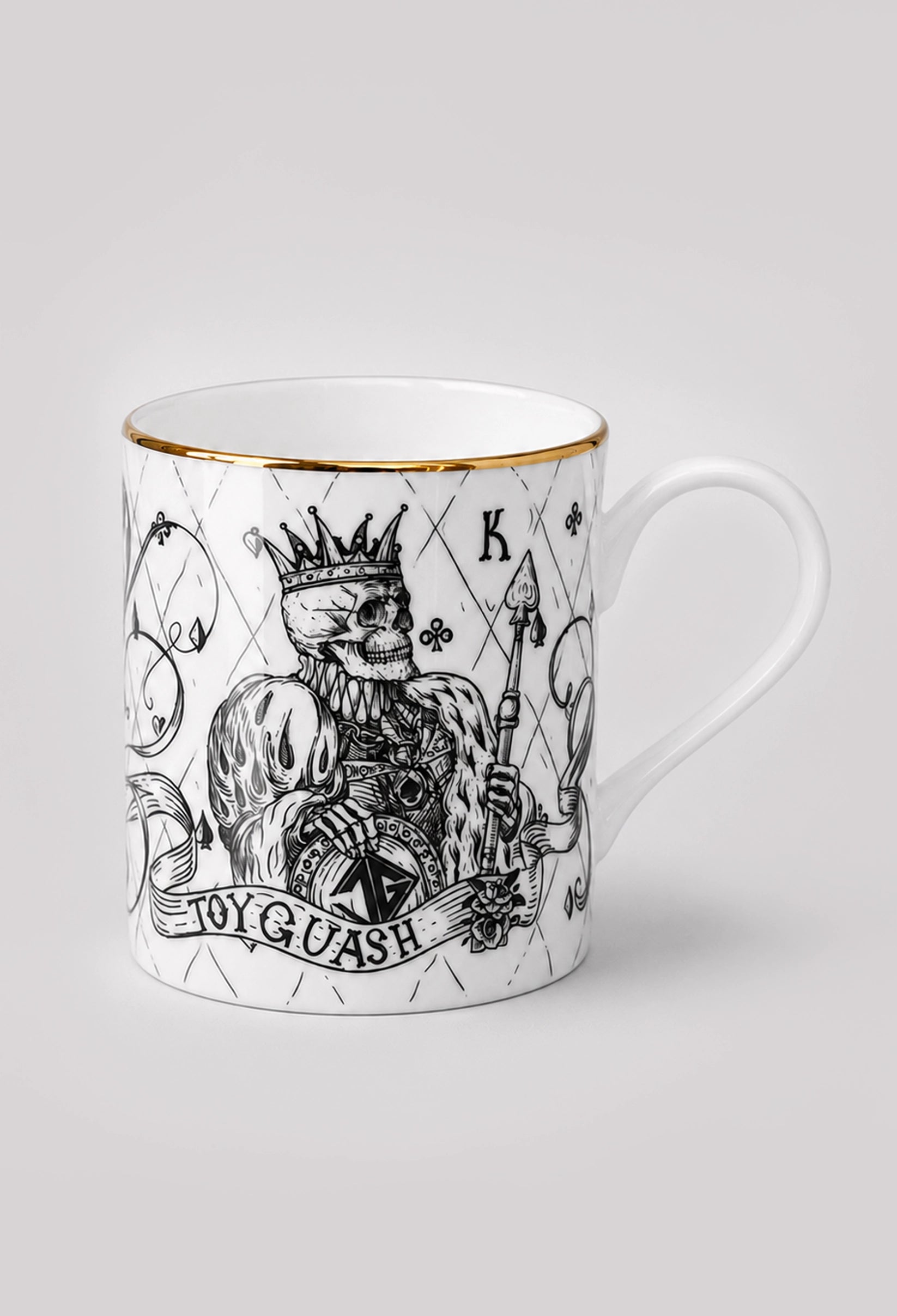 Illustrated fine bone china mug with King of Spades design on light grey background