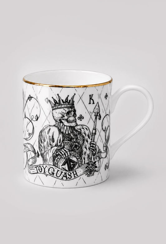 Illustrated fine bone china mug with King of Spades design on light grey background