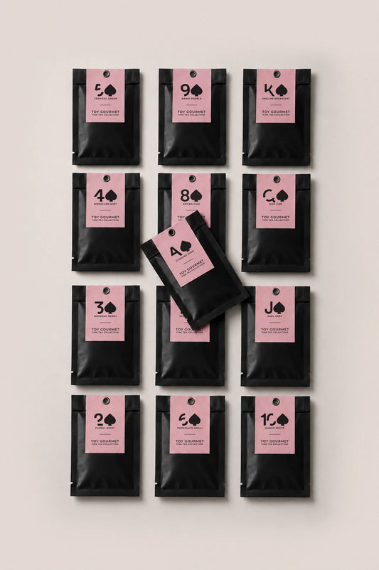 Thirteen loose leaf tea sachets from the Toy Gourmet tea sampler, featuring the complete tea collection