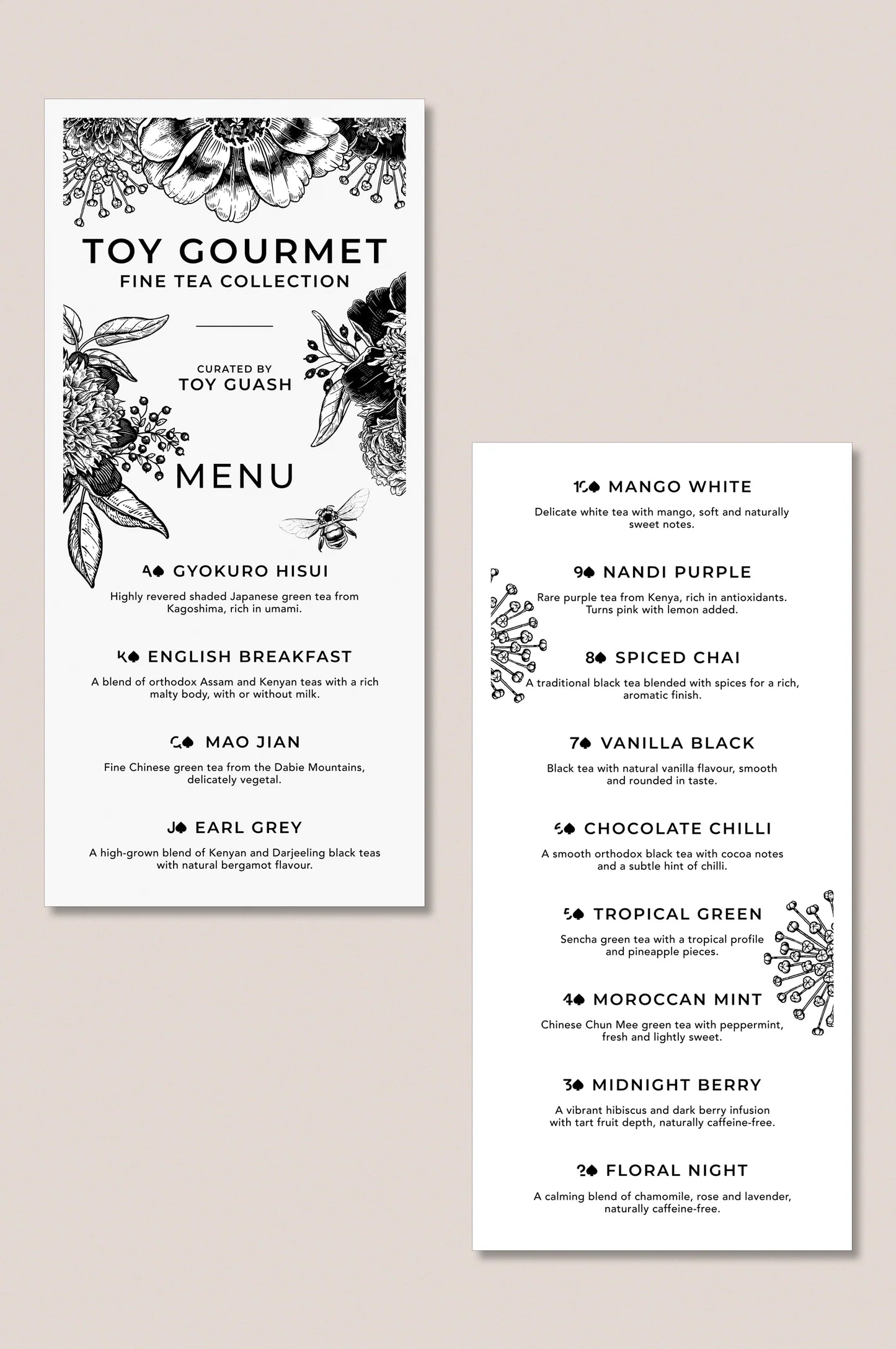 Tasting menu included with the Toy Gourmet loose leaf tea collection, featuring a selection of tea blends