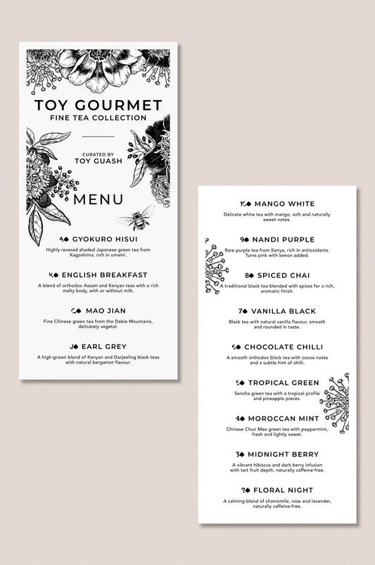 Tasting menu included with the Toy Gourmet loose leaf tea collection, featuring a selection of tea blends