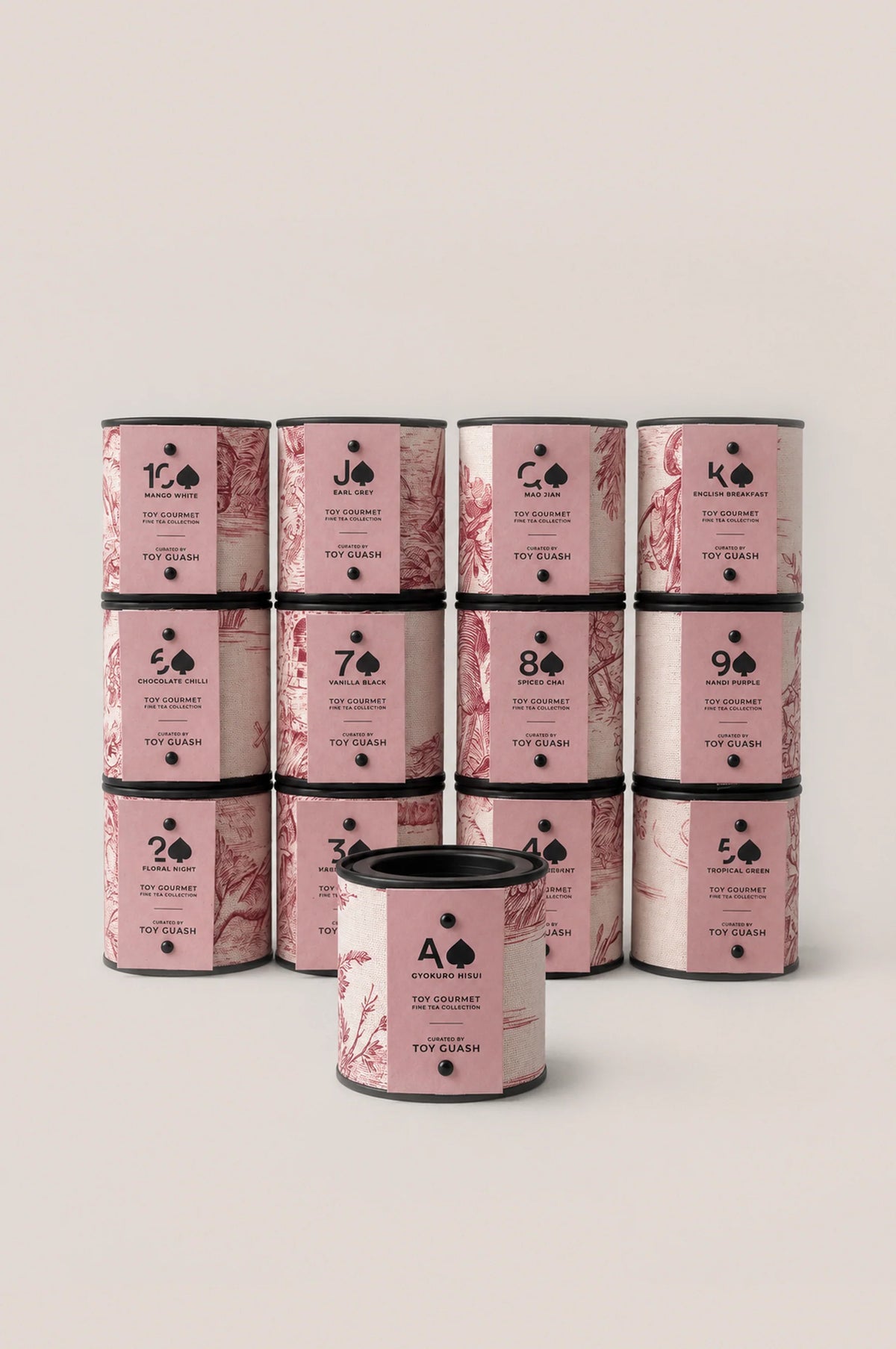 Thirteen loose leaf tea tins from the Toy Gourmet tea tasting collection, featuring a selection of signature blends