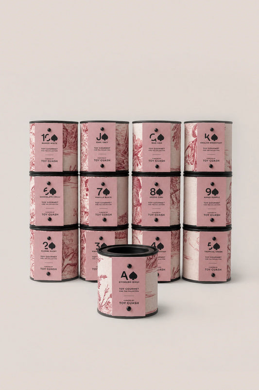 Thirteen loose leaf tea tins from the Toy Gourmet tea tasting collection, featuring a selection of signature blends