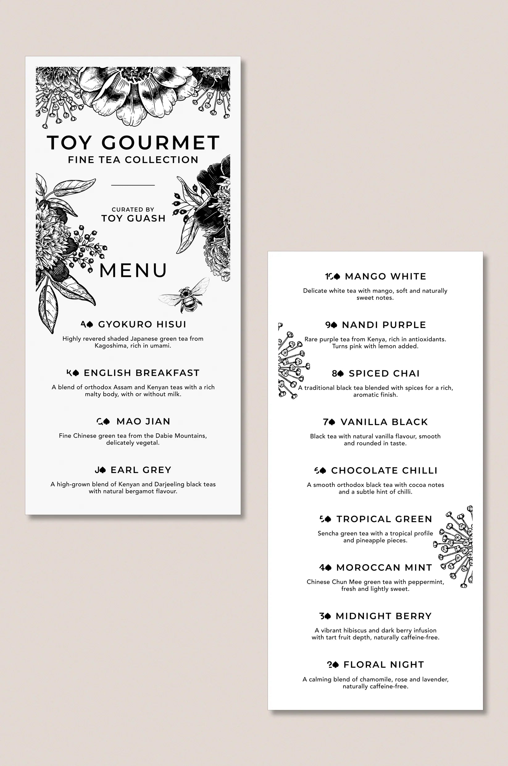 Tasting menu included with the Toy Gourmet loose leaf tea collection, featuring a selection of tea blends
