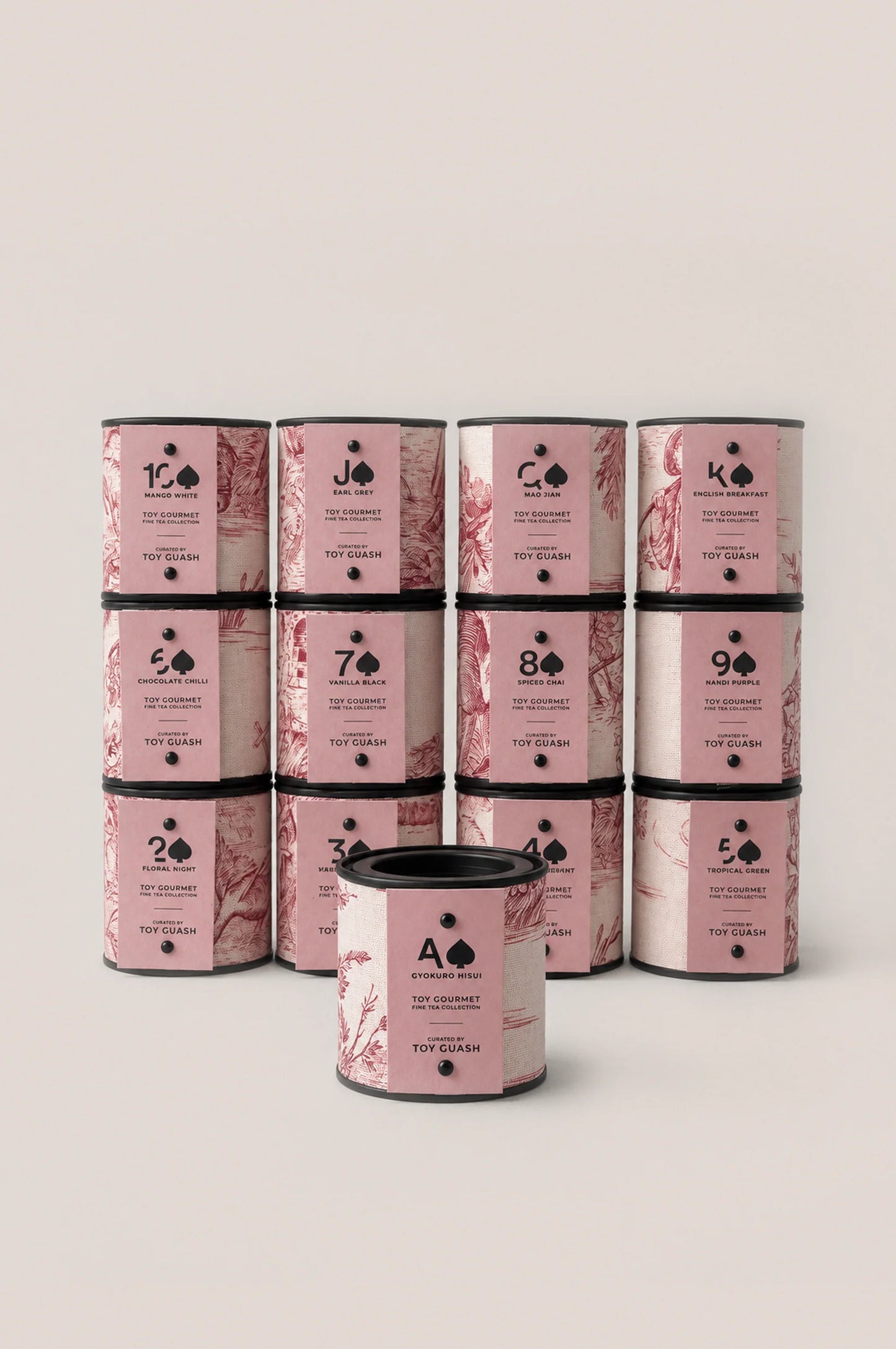 Thirteen loose leaf tea tins from the Toy Gourmet tea tasting collection, featuring a selection of signature blends