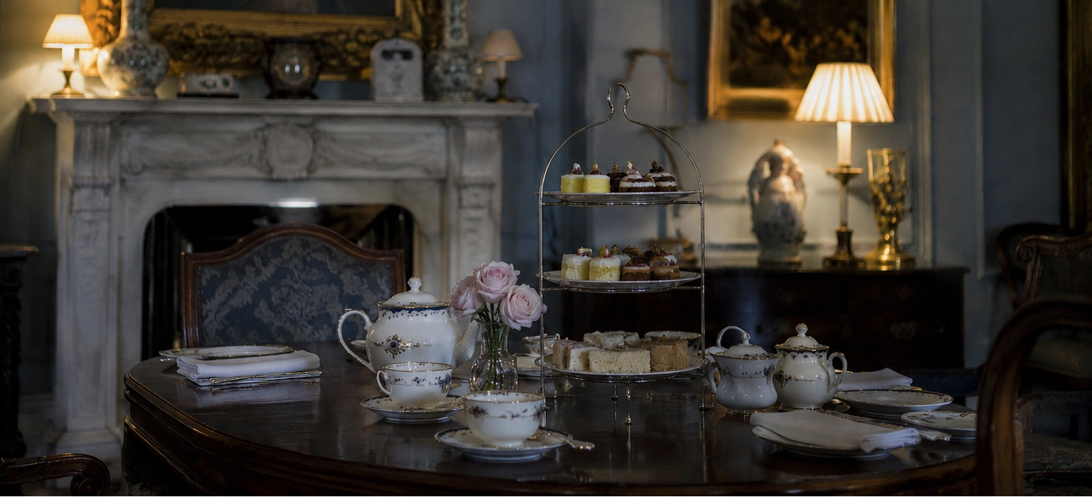 Luxury afternoon tea with loose leaf tea in an elegant drawing room.