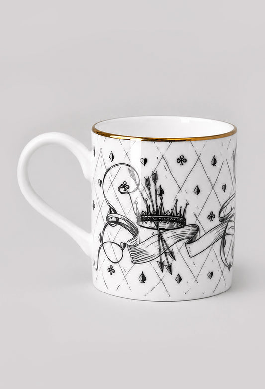 Back side of Queen of Spades mug displaying standalone crown motif against white English china