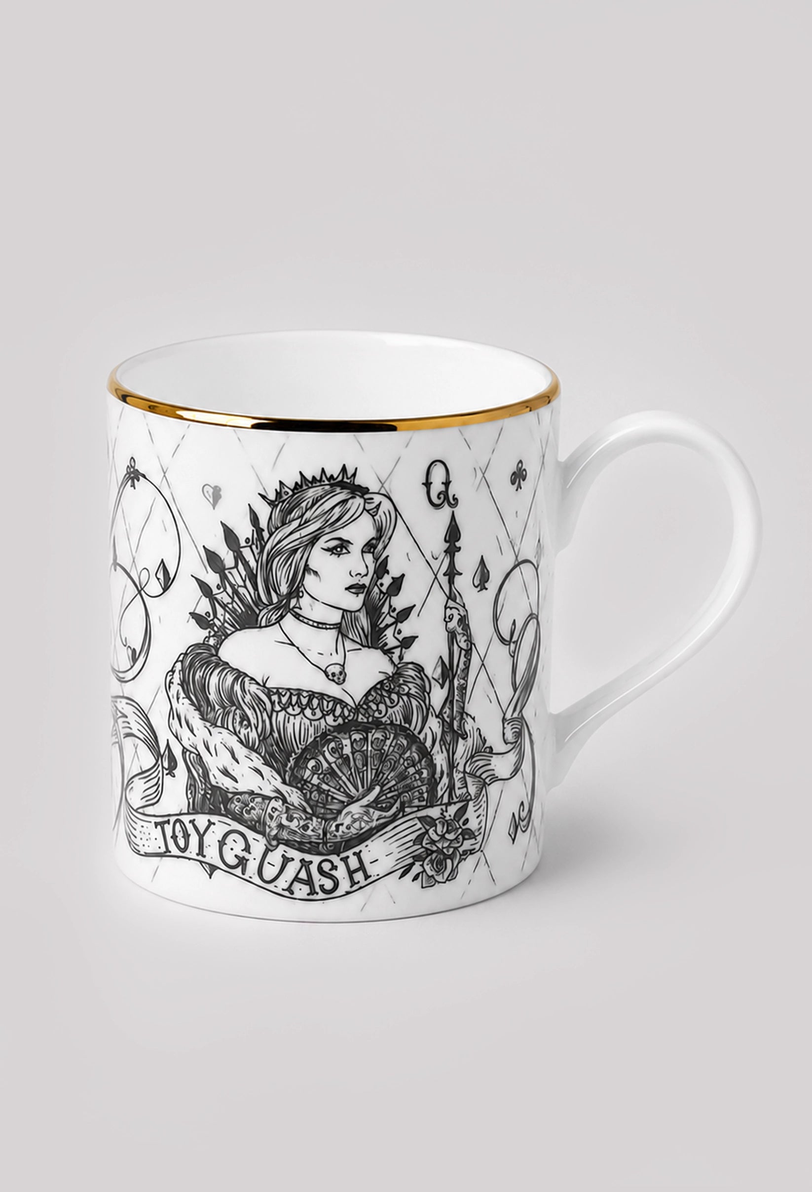 Illustrated fine bone china mug with Queen of Spades design on light grey background