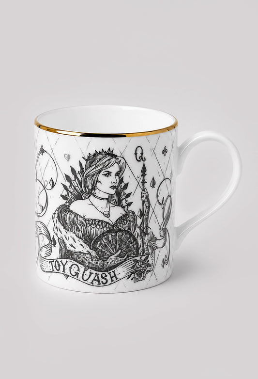 Illustrated fine bone china mug with Queen of Spades design on light grey background