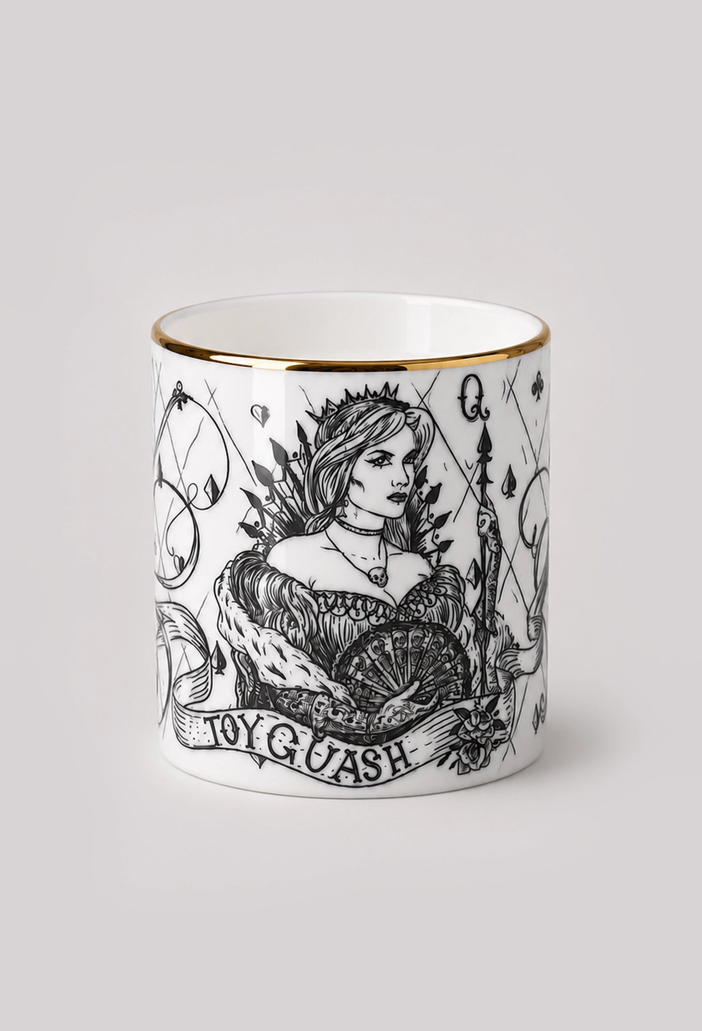 Queen of Spades fine bone china pot with 22ct gold rim on gray background