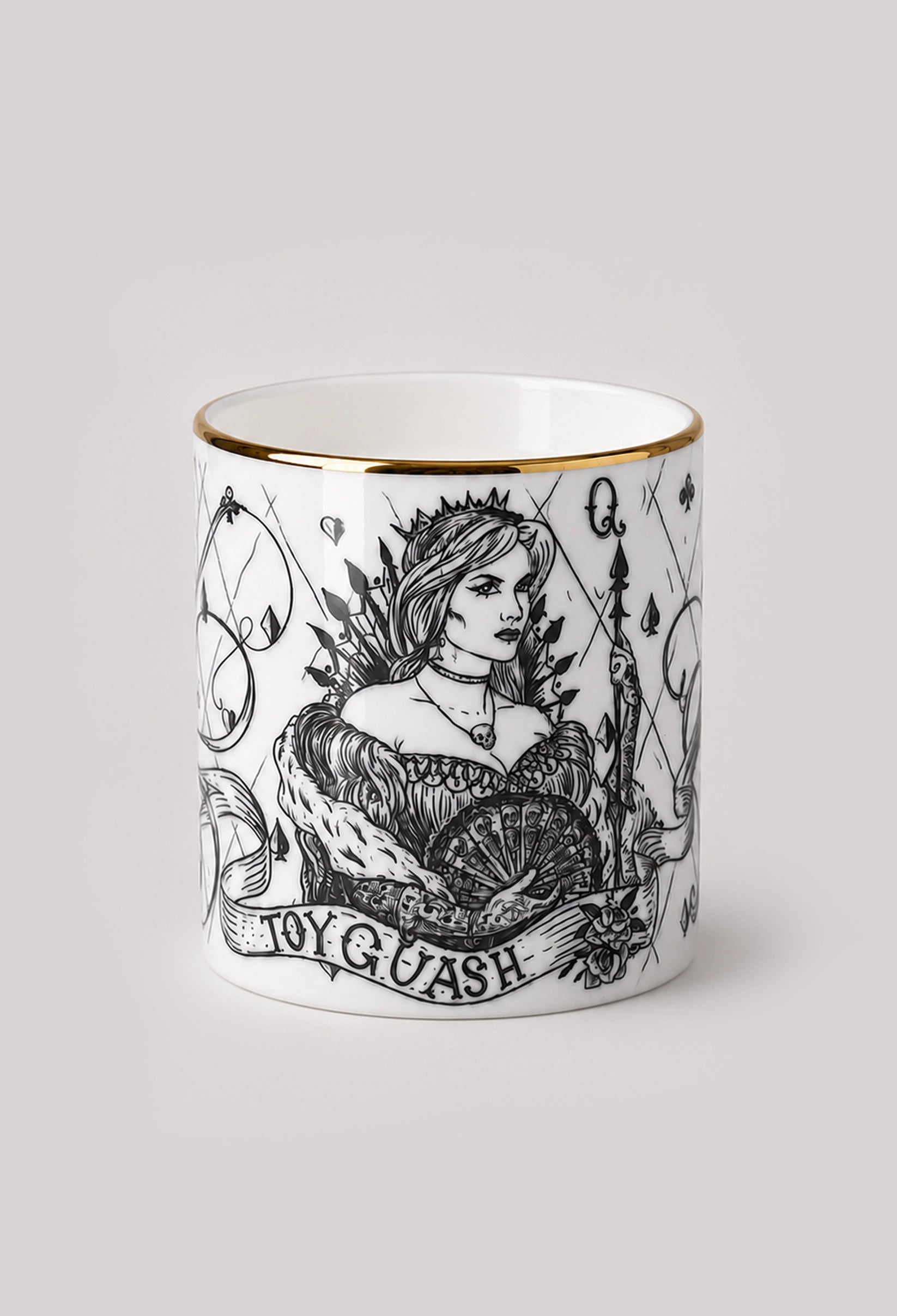 Queen of Spades fine bone china pot with 22ct gold rim on gray background
