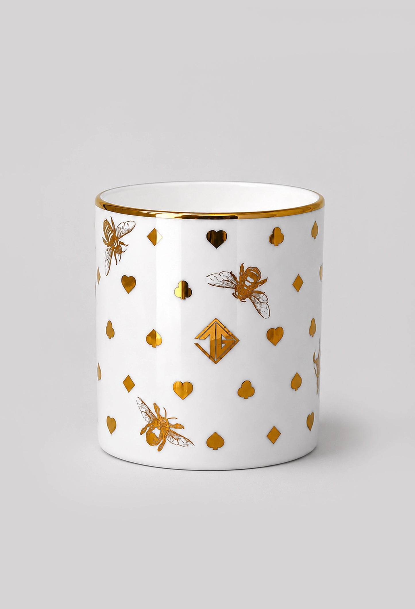 Fine bone china pot featuring the Suits & Curious design with 22ct gold details, shown against a light grey background.