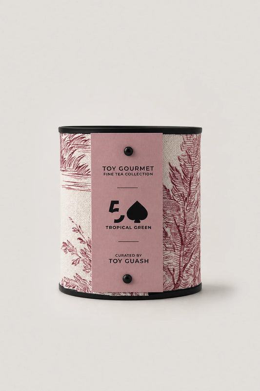 Tropical Green Tea loose leaf with pineapple pieces in a tea tin by Toy Gourmet